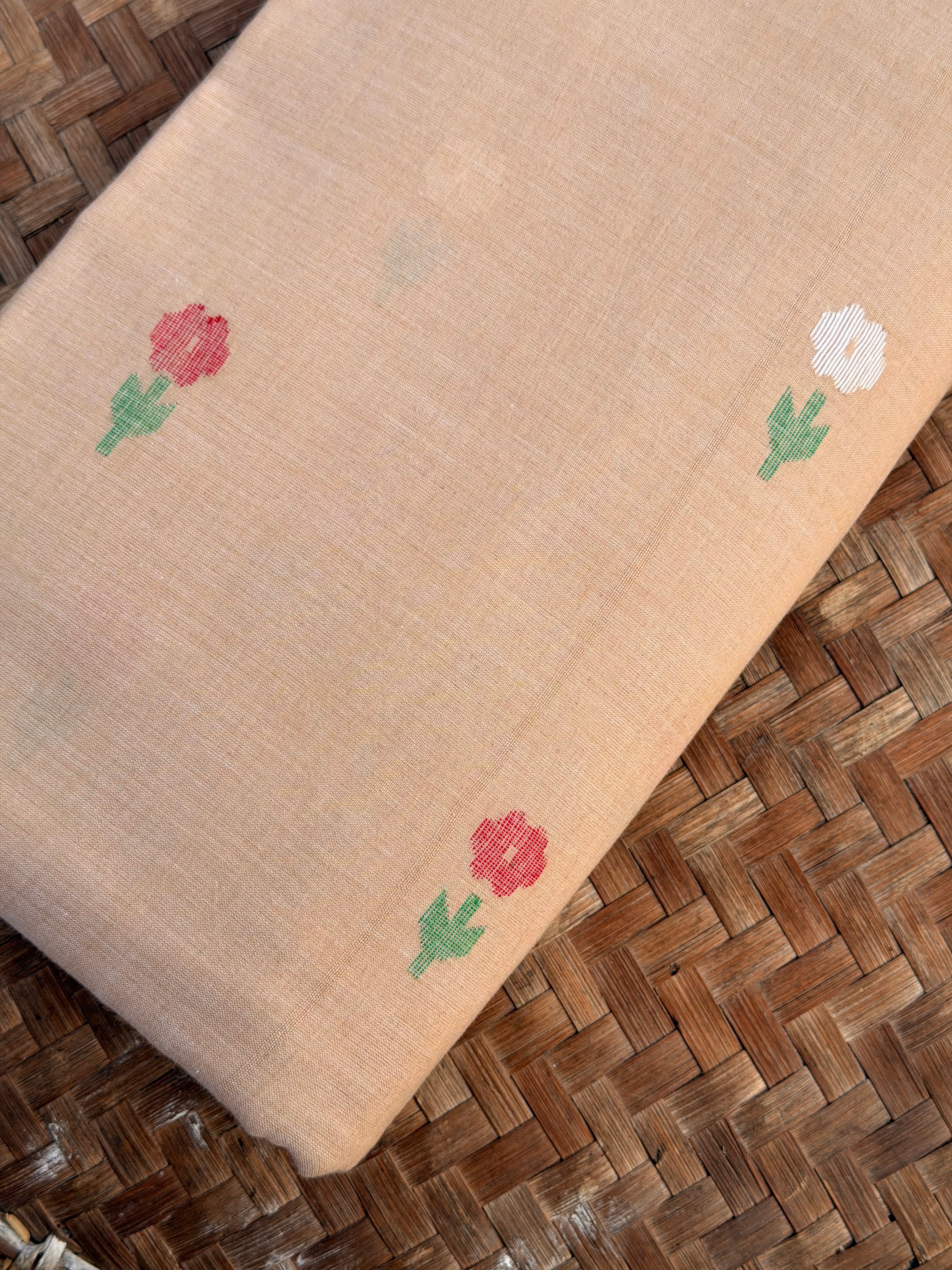 Muslin with Jamdani Flowers with Red White Green on Beige color fabric