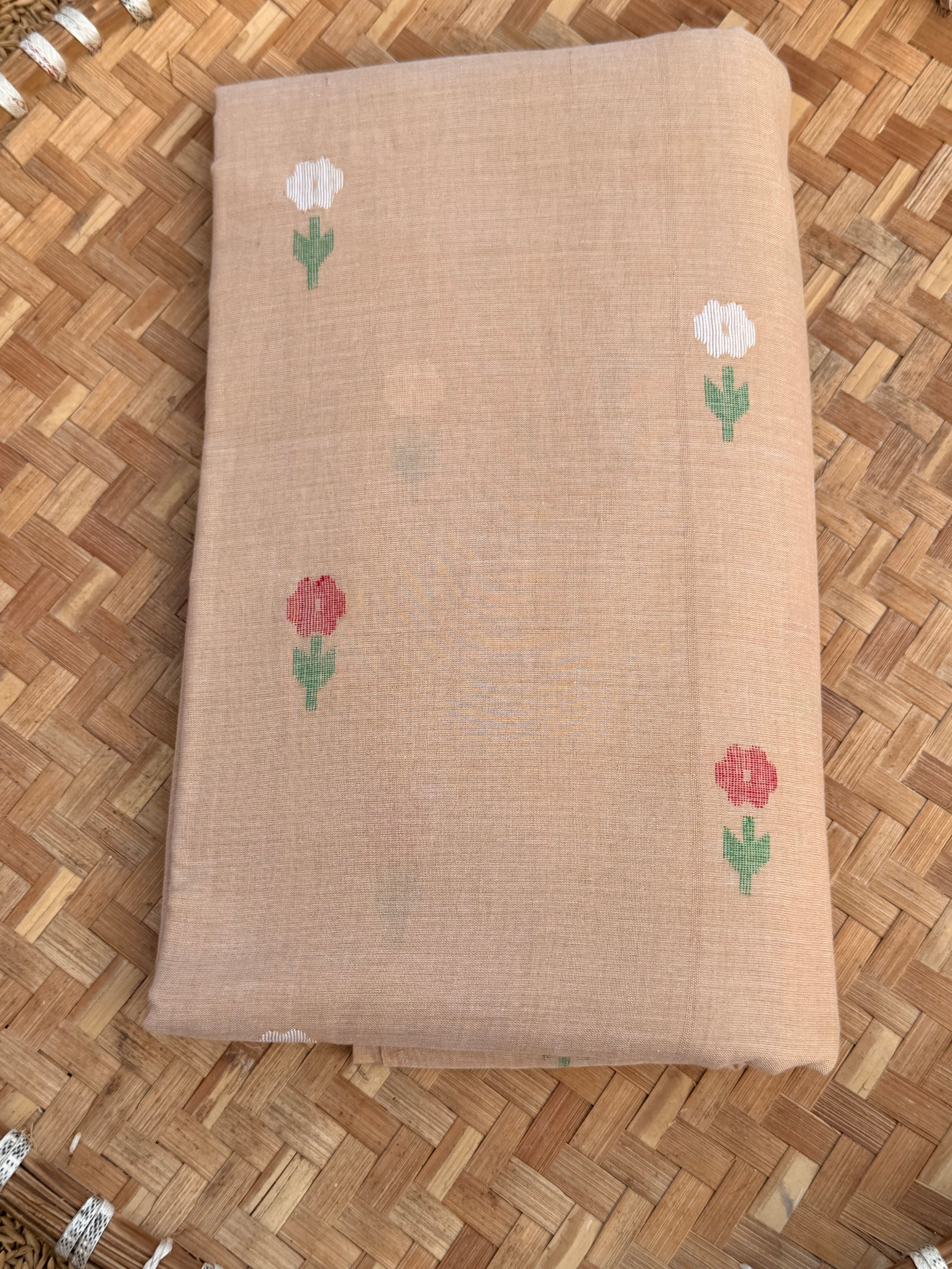 Muslin with Jamdani Flowers with Red White Green on Beige color fabric
