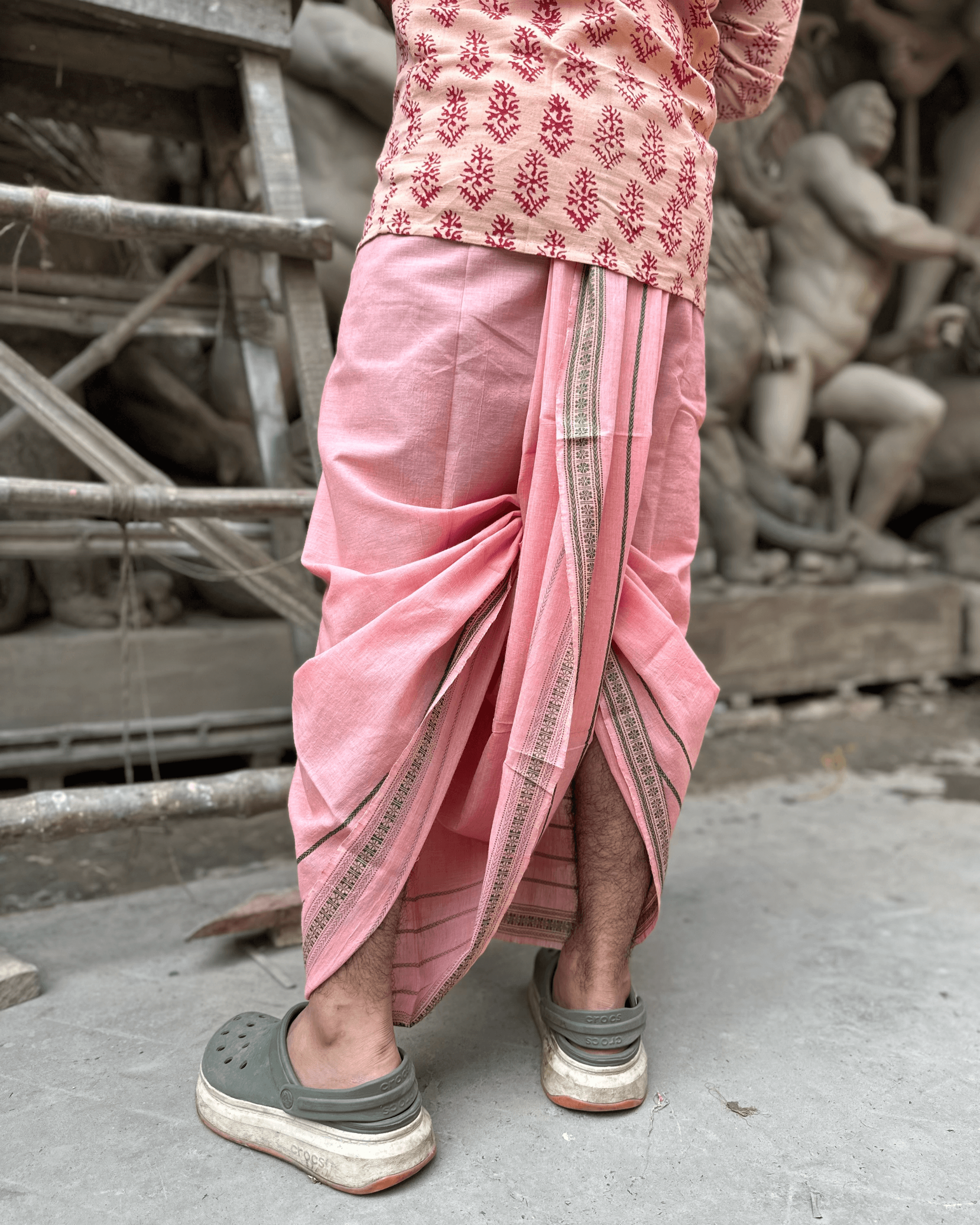 200 counts Double drape Dhoti in KumKum Natural Dye with Stripe Patterns
