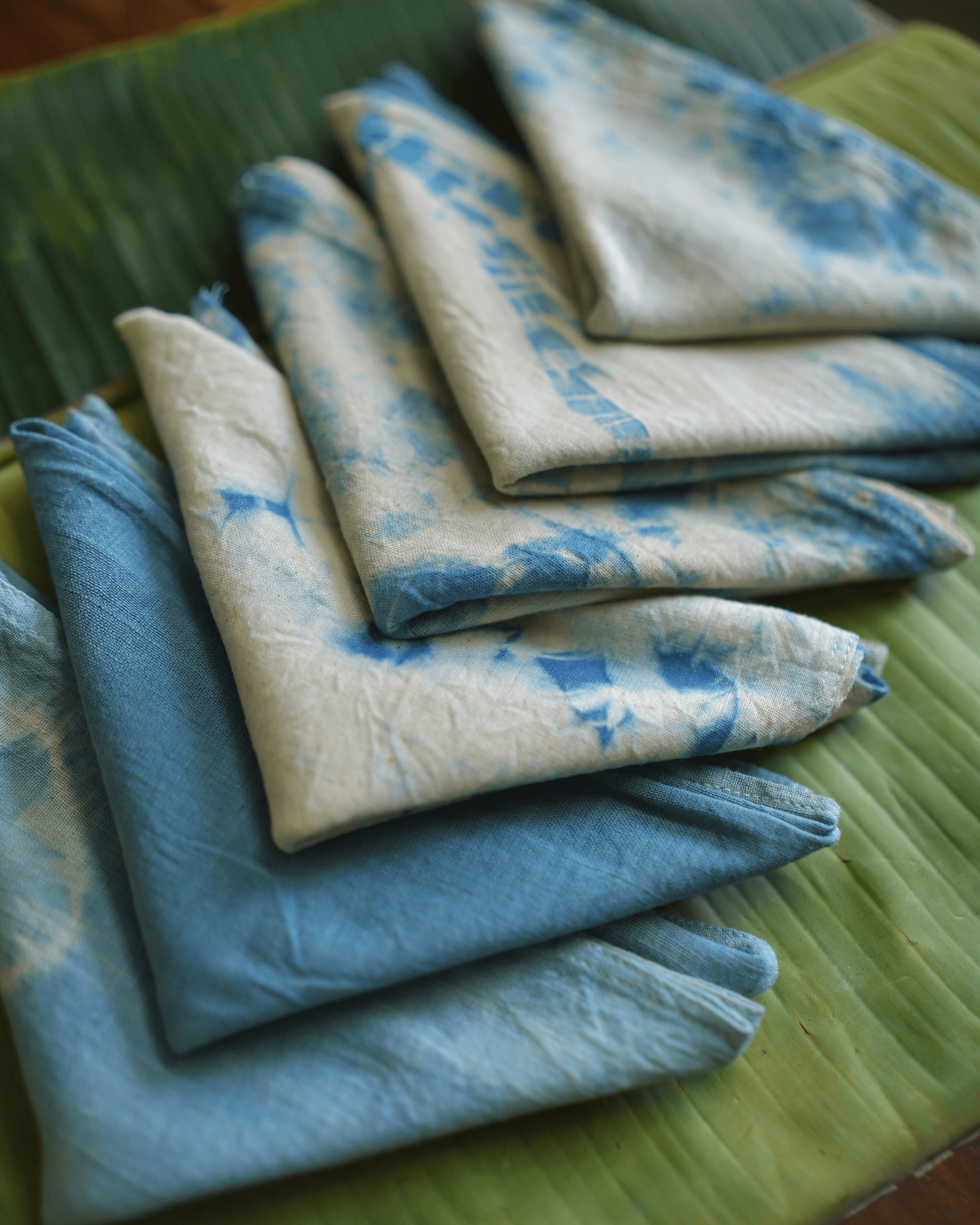 Naturally Dyed Indigo Handkerchiefs with designs 33 counts Indigenous Cotton set of 6