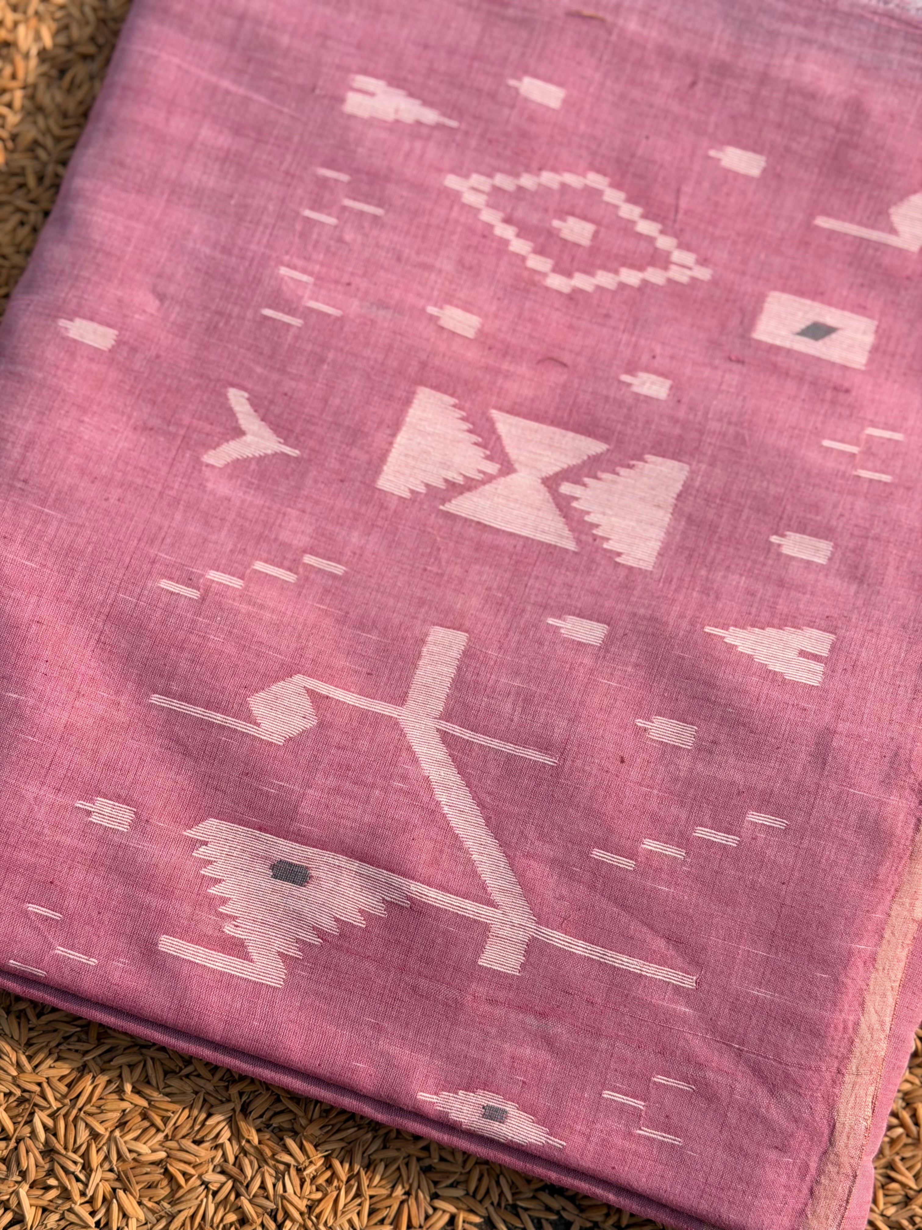 Jamdani Muslin fabric in Pink with white Motifs