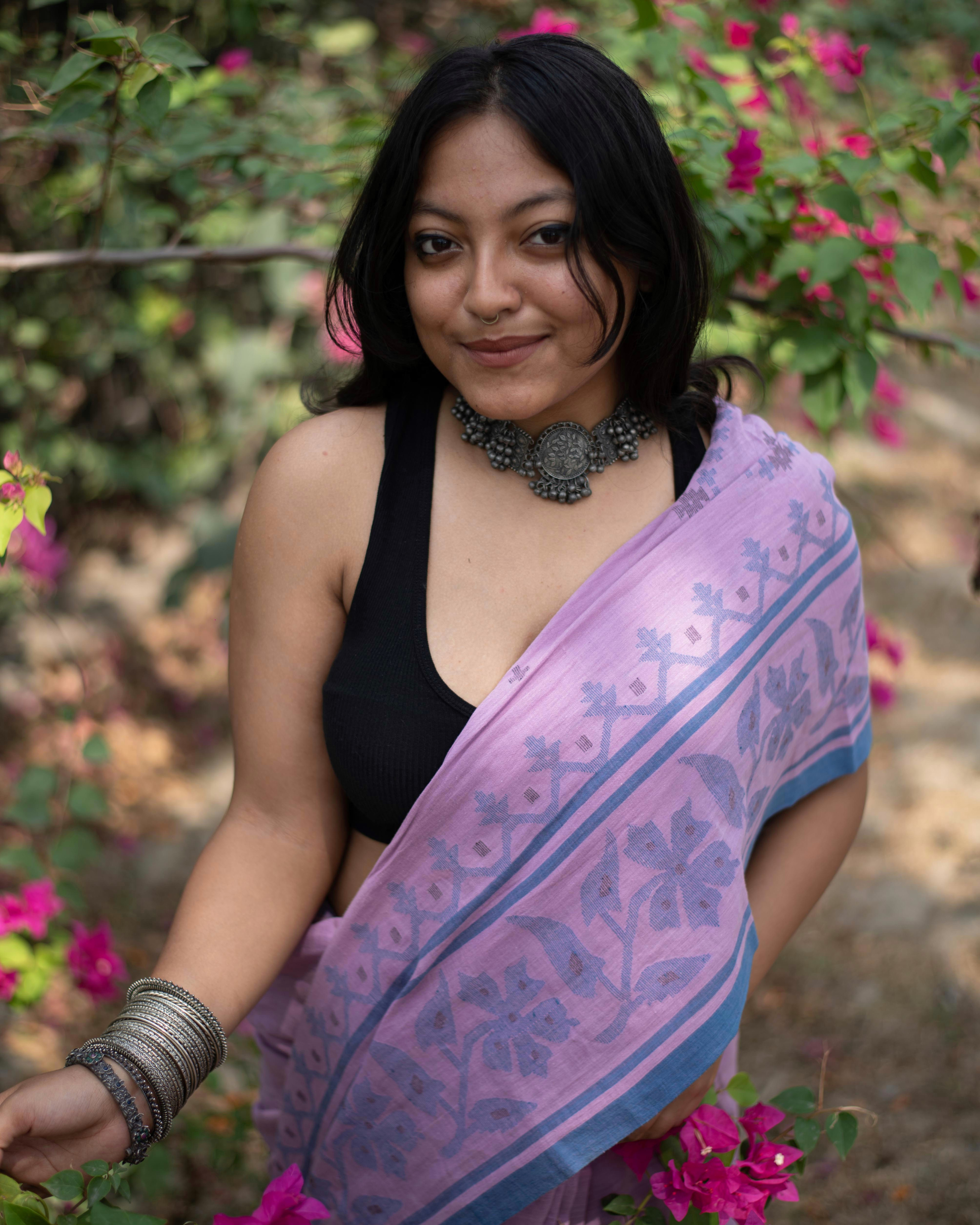 Pink 200 counts Muslin Jamdani Saree