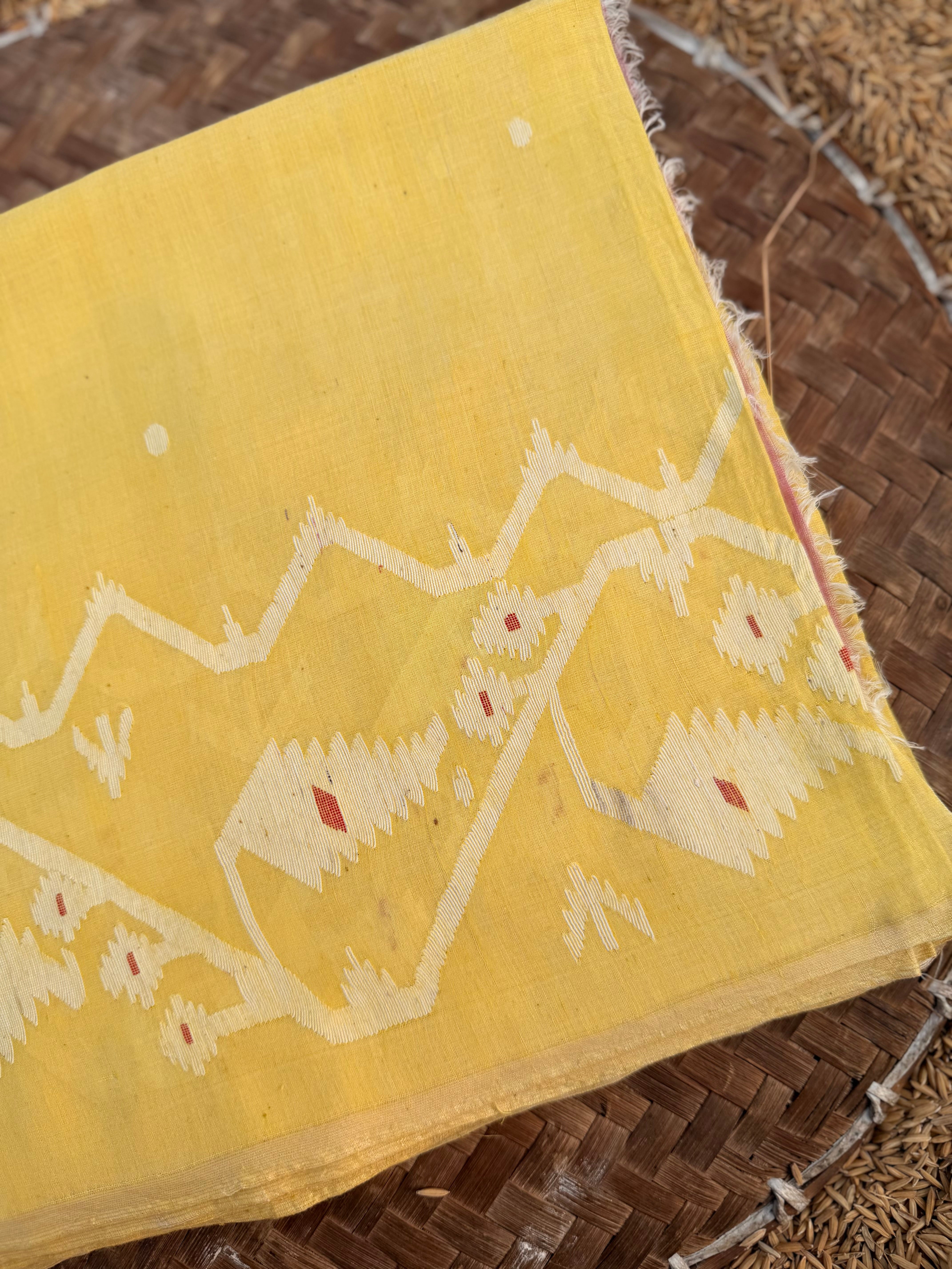 Jamdani with Meenakari in Red Handmade Muslin 150 counts Yellow Fabric