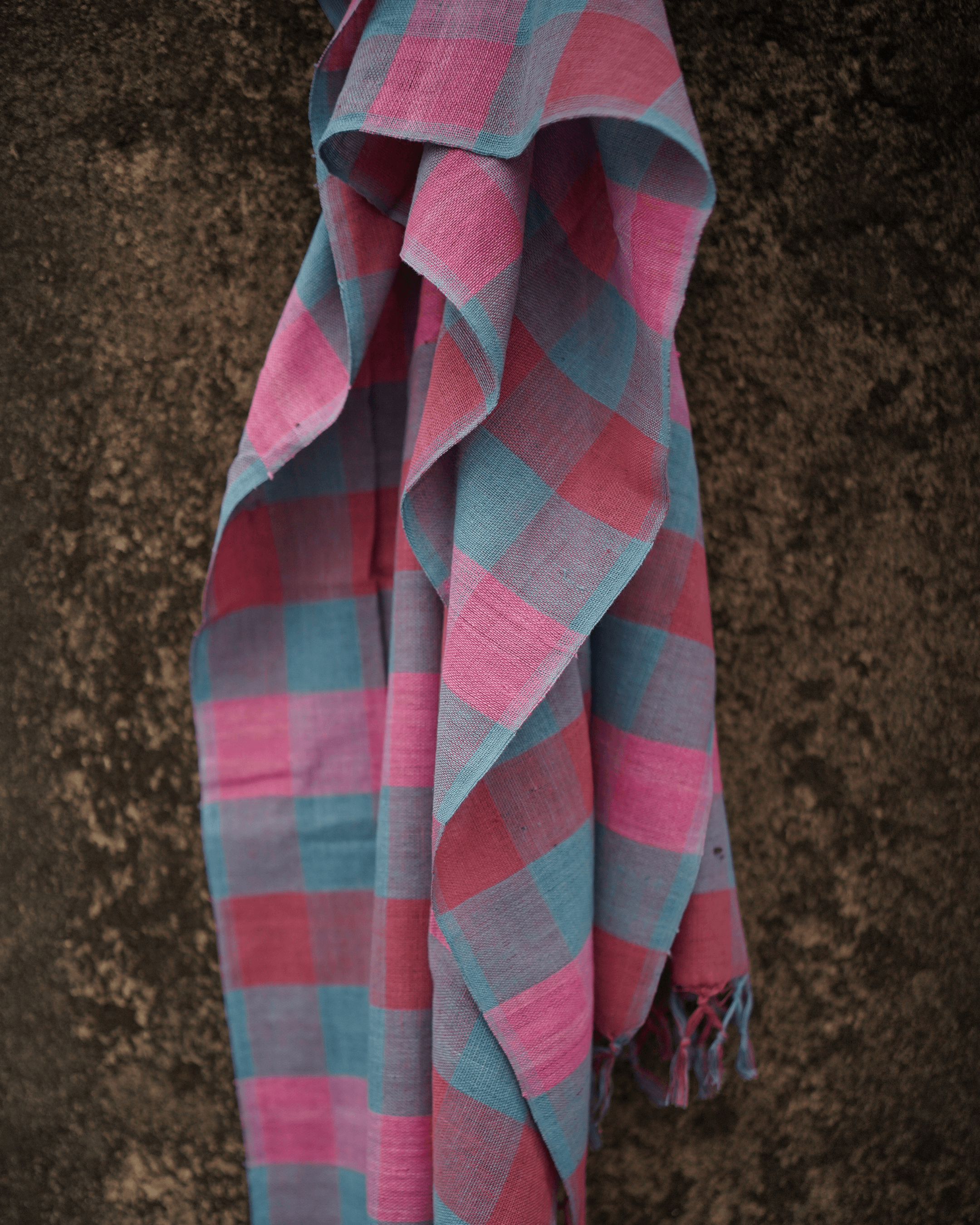 Handspun handwoven 33 counts stole in pink and blue checks, made from Indigenous Variety Cotton with natural dyes.