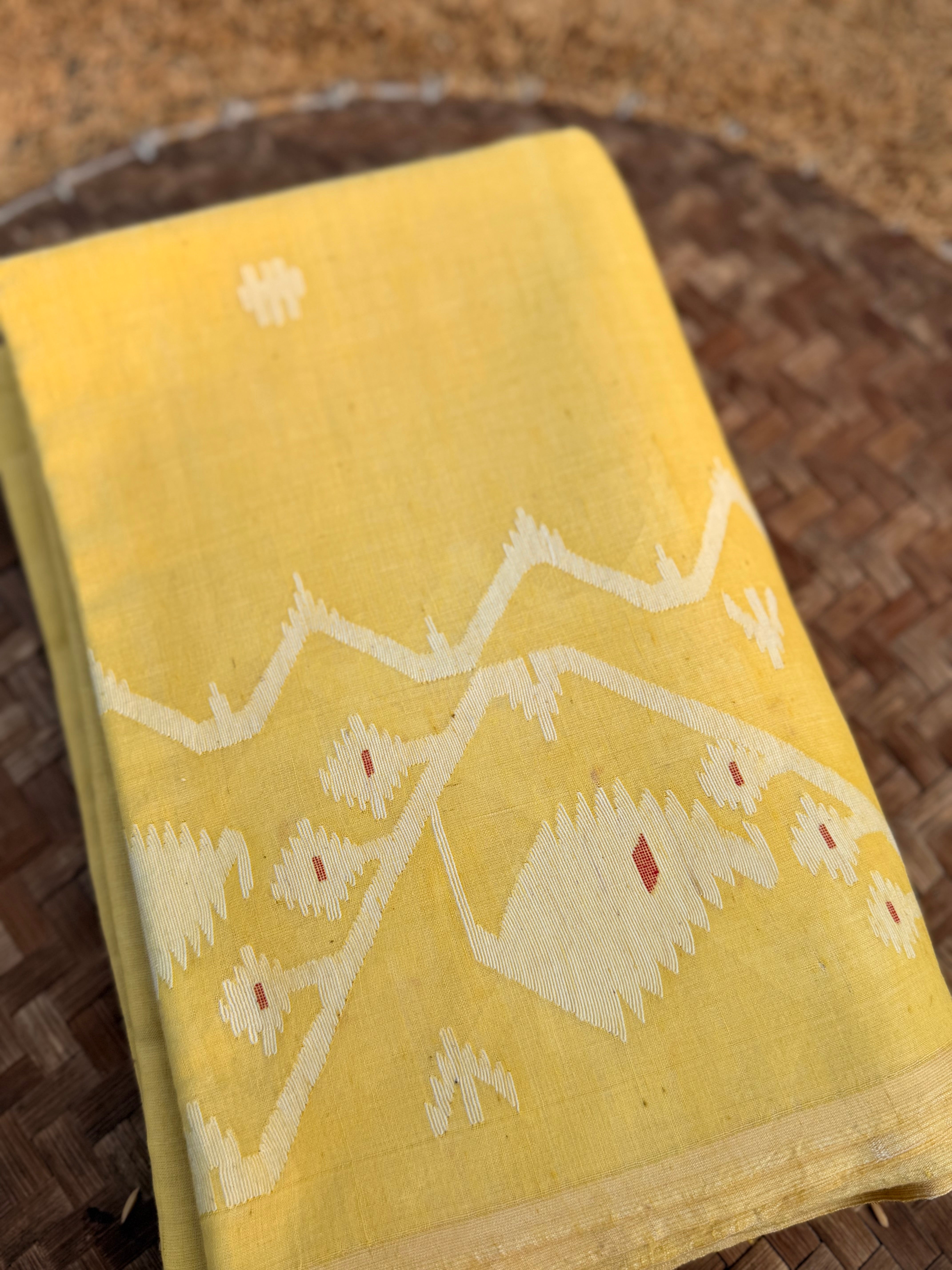 Jamdani with Meenakari in Red Handmade Muslin 150 counts Yellow Fabric