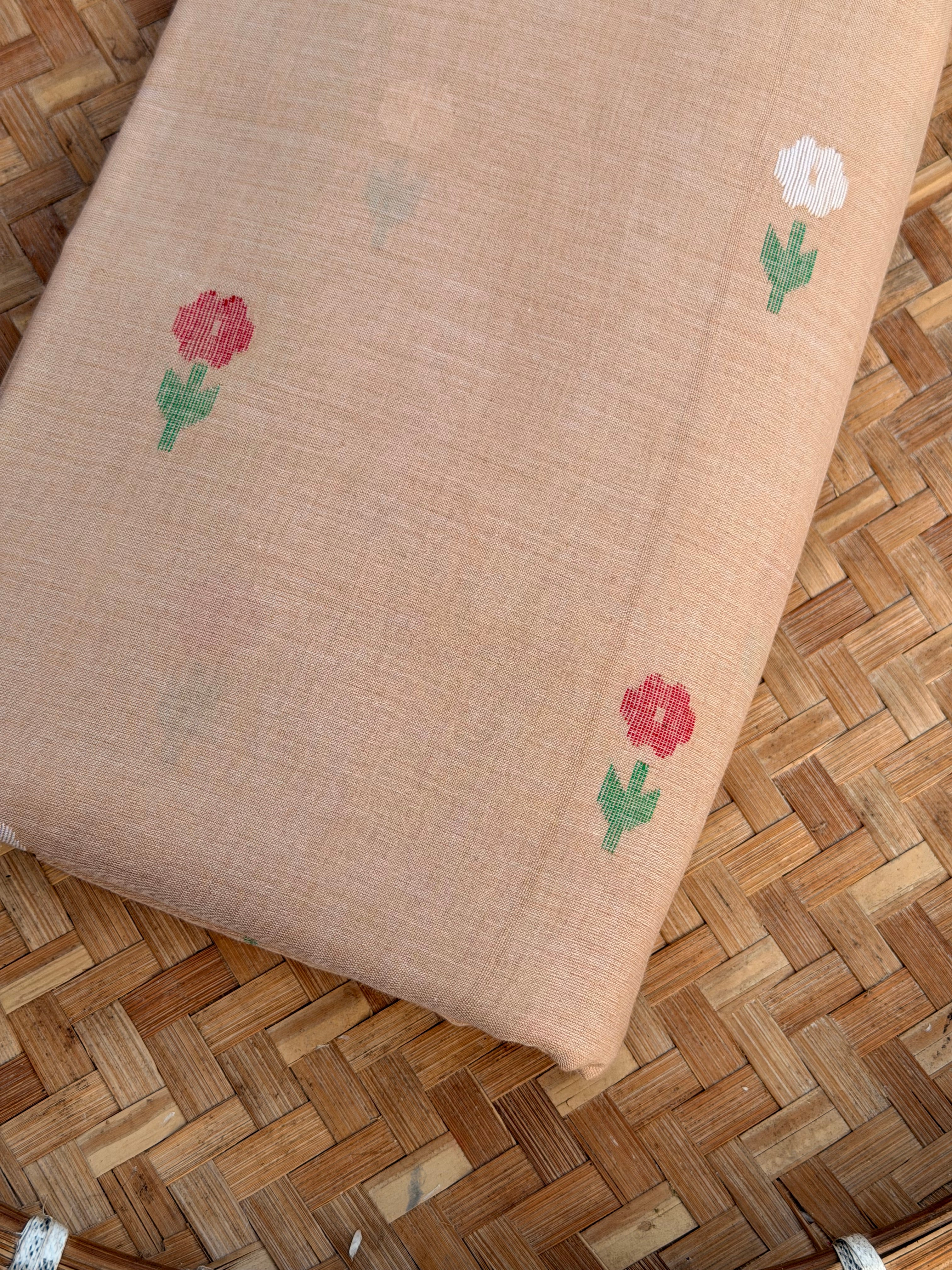 Muslin with Jamdani Flowers with Red White Green on Beige color fabric