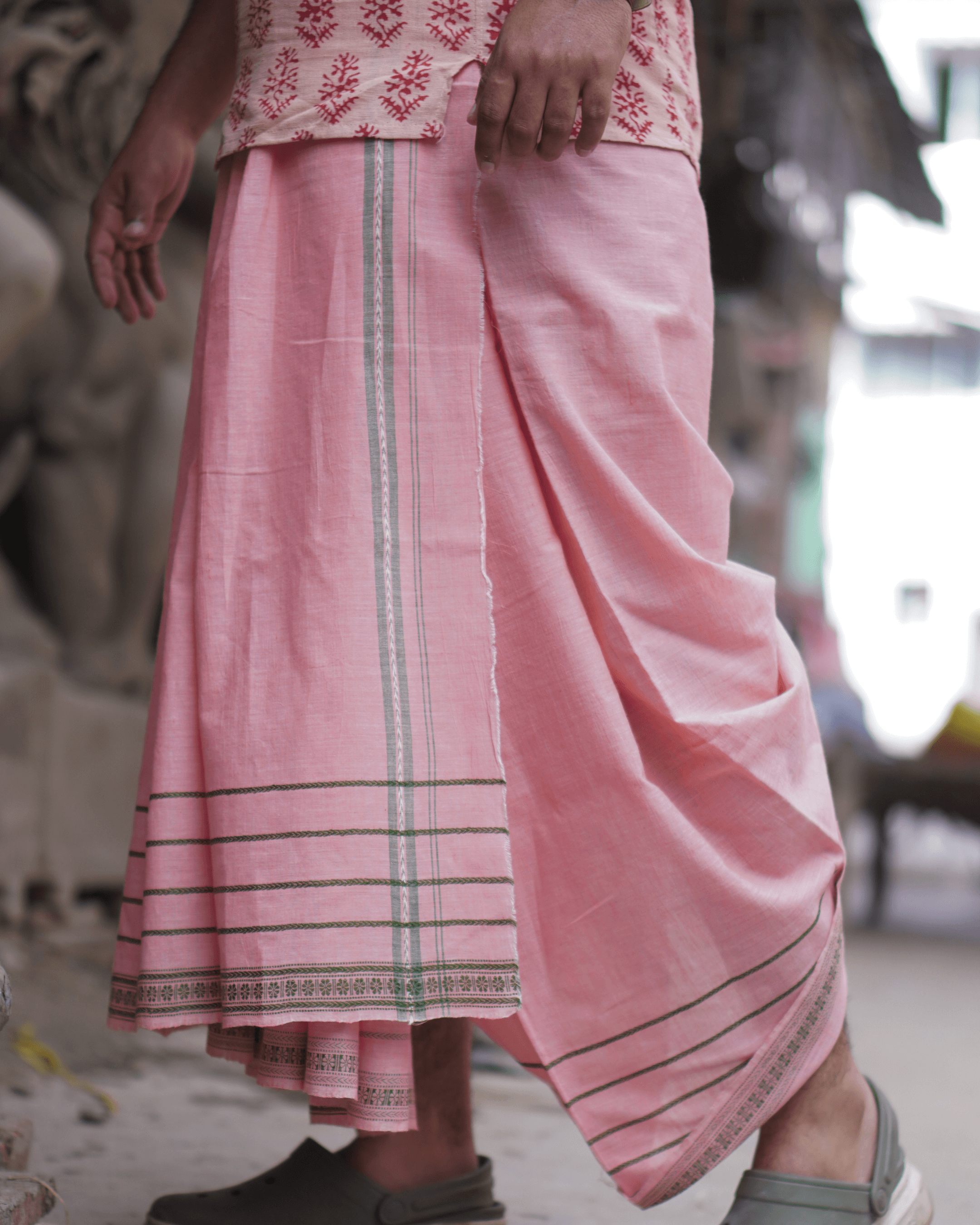 200 counts Double drape Dhoti in KumKum Natural Dye with Stripe Patterns