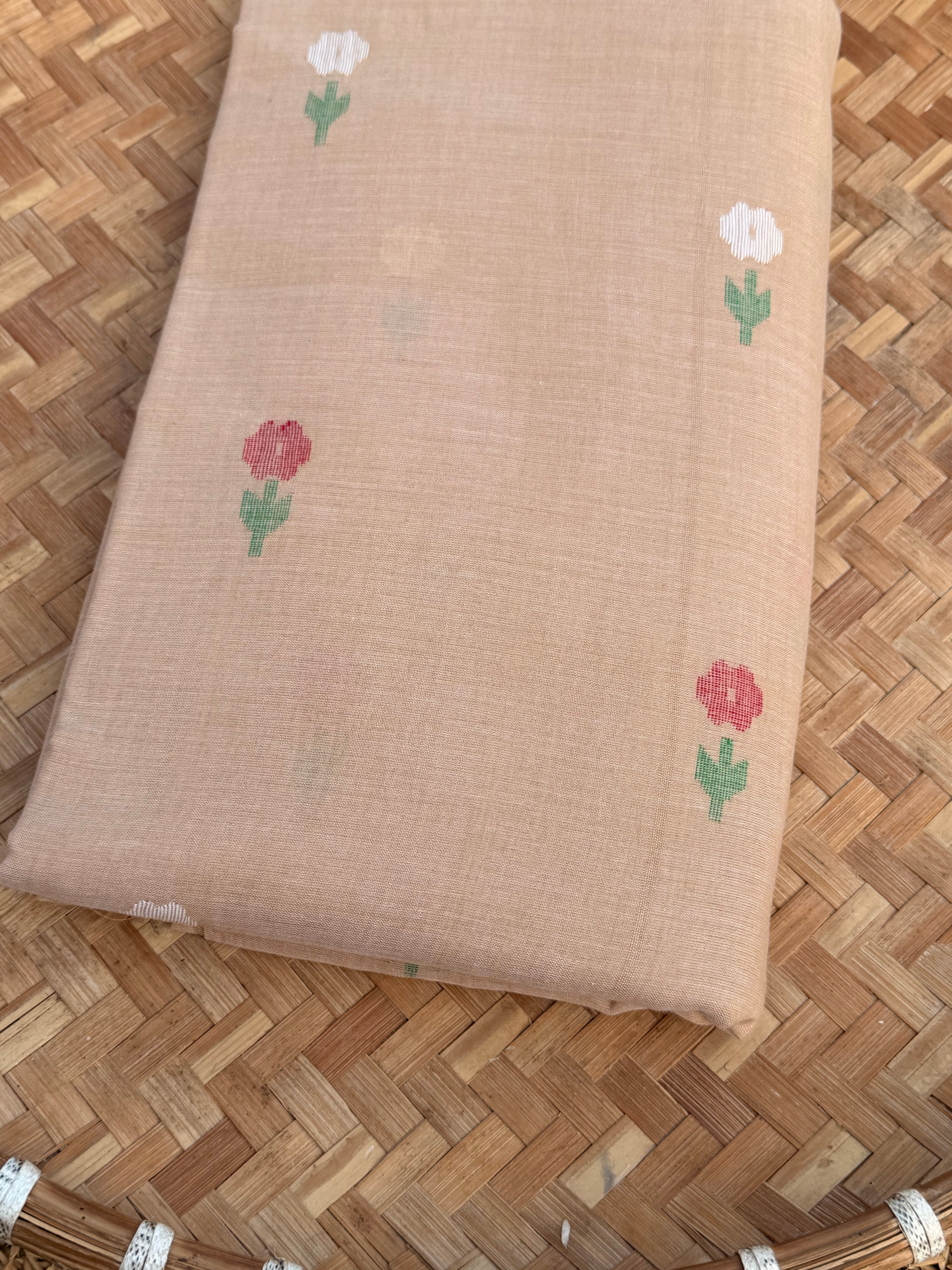 Muslin with Jamdani Flowers with Red White Green on Beige color fabric
